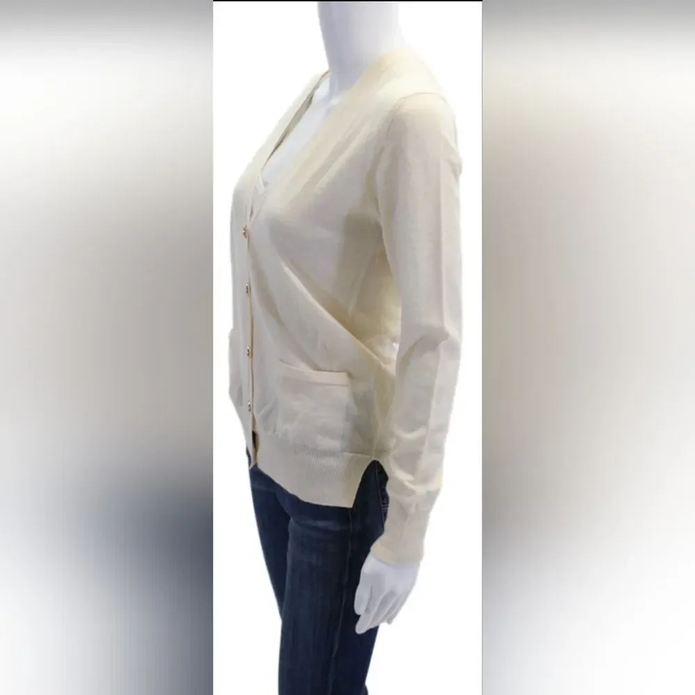 Tory Burch Womens Merino Wool V-Neck Cardigan Sweater Gold Buttons Small